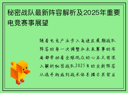 秘密战队最新阵容解析及2025年重要电竞赛事展望