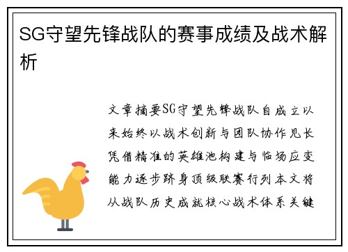 SG守望先锋战队的赛事成绩及战术解析